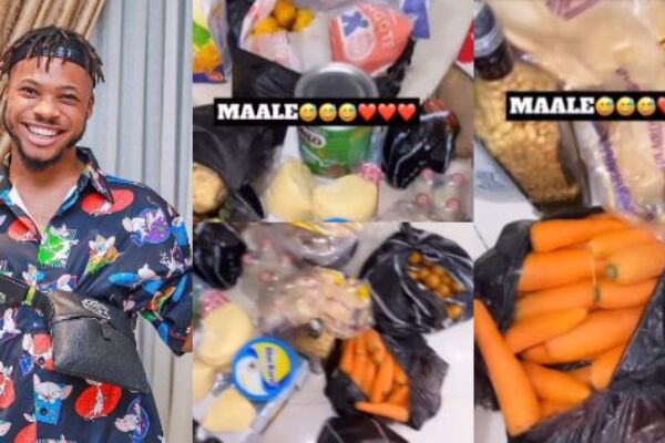 'My mama dey spoil me like babe' - Poco lee flaunts foodstuff his mum sent him