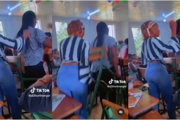 Female 100-level students caught fighting over chairs during lectures