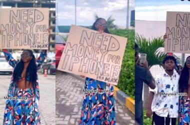 'Are you whining me': Lady carry placard to openly seek funds for iPhone 15 Pro Max